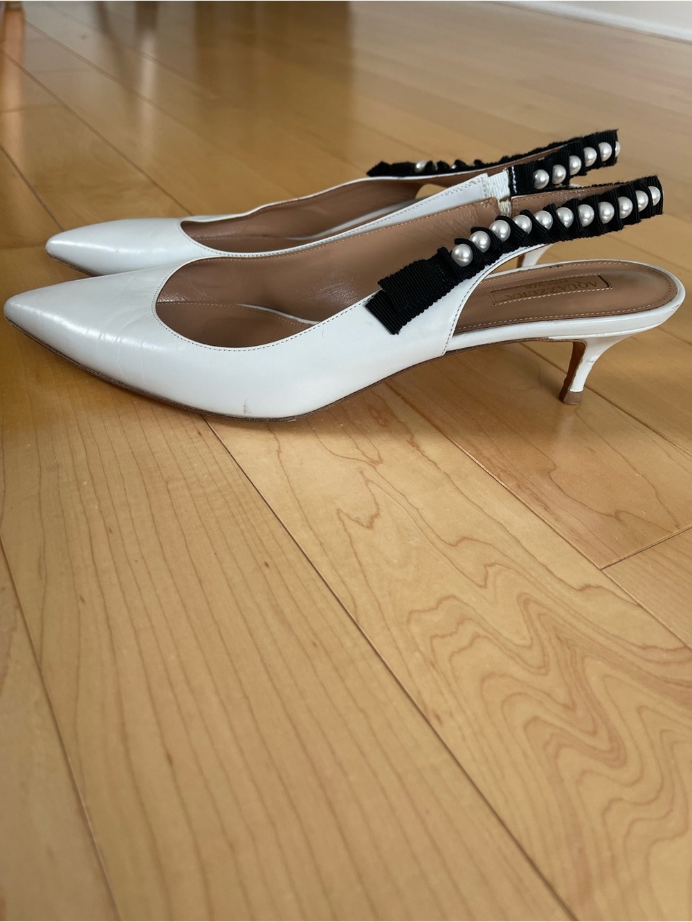 Aquazzura White Pearl-Embellished Slingback Kitten Heels